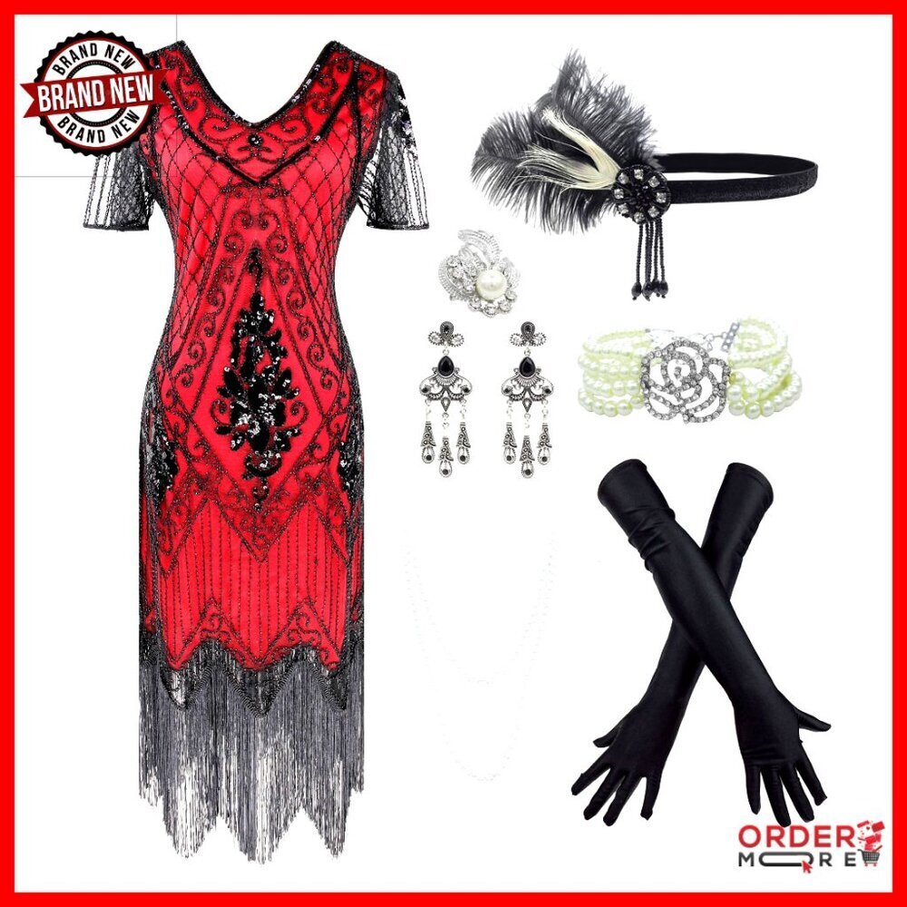 Vintage Sequin Beaded Flapper Dress Set with Accessories Size S-XL
